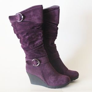 Purple Wedge Tall Heel Mid Calf Slouchy Boots NEW